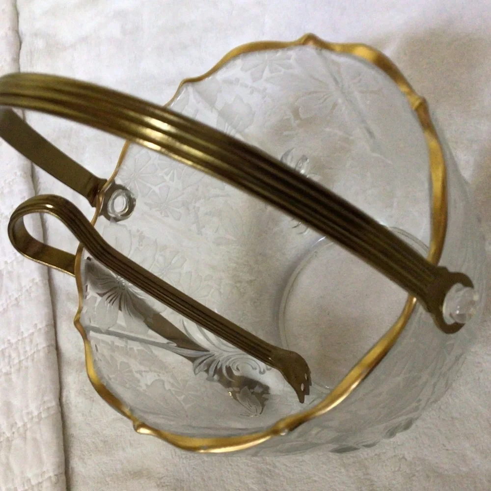 VTG FOSTORIA BAROQUE ETCHED GLASS ICE BUCKET WITH HANDLE &TONGS